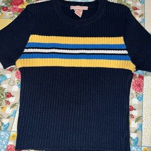 Urban Outfitters Navy Sweater with Yellow and Blue Stripes size Small